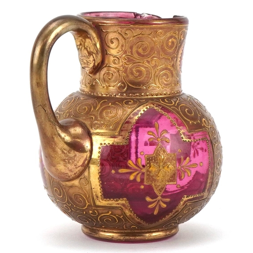 311 - Small Bohemian red glass vase circa 1880, possibly by Moser, with gilded decoration, 10cm high