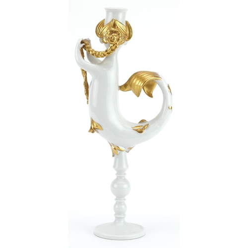 320 - Bjorn Wiinblad for Rosenthal, German partially gilt porcelain figural candlestick, 34cm high