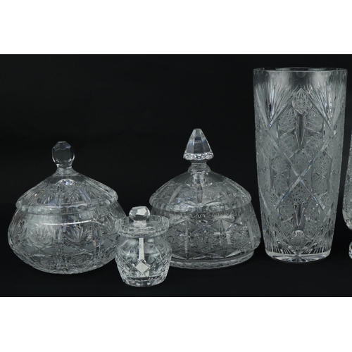 1166 - Glassware and crystal including Waterford Crystal jar and cover and vases, the largest 25.5cm high