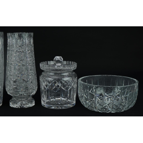 1166 - Glassware and crystal including Waterford Crystal jar and cover and vases, the largest 25.5cm high