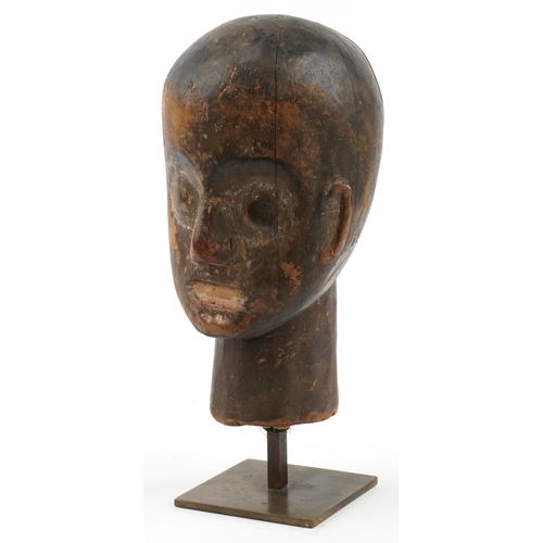 94 - 18th/19th century European treen hat or wig stand raised on later bronze stand, overall 40cm high