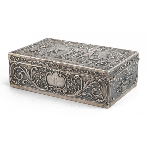 408 - Rectangular Dutch 930 grade silver casket with hinged lid embossed with figures and a dog amongst fl... 