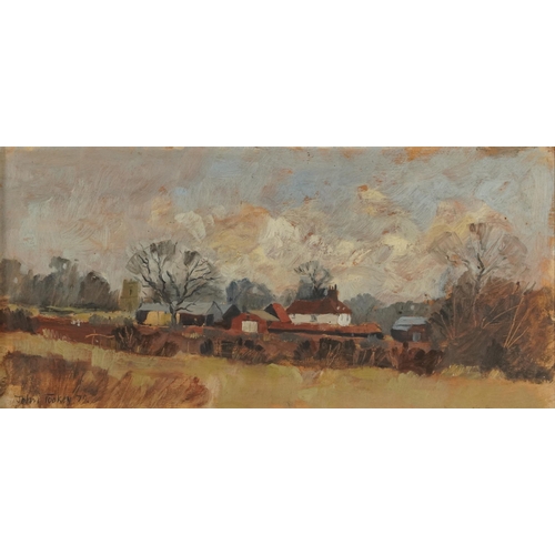 3586 - John Tookey 1979 - Bobbingworth, oil on board, mounted and framed, 38cm x 19cm excluding the mount a... 