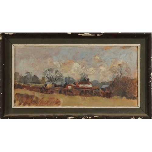 3586 - John Tookey 1979 - Bobbingworth, oil on board, mounted and framed, 38cm x 19cm excluding the mount a... 