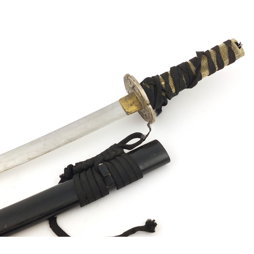 2729 - Japanese military interest Wakizashi with watered blade, lacquered scabbard and silvered Tsuba, 66cm... 