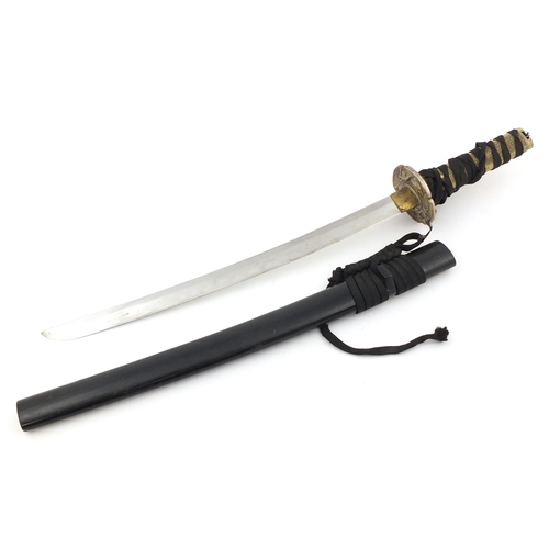 2729 - Japanese military interest Wakizashi with watered blade, lacquered scabbard and silvered Tsuba, 66cm... 