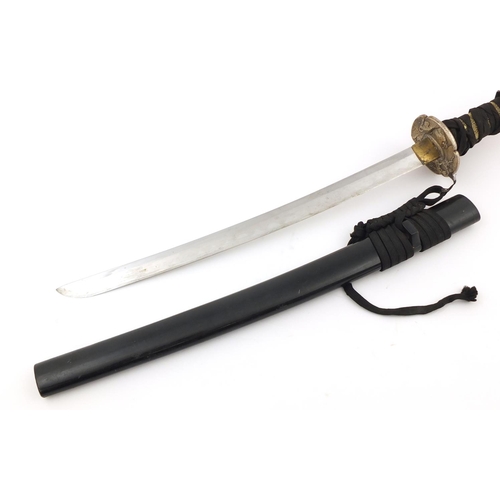 2729 - Japanese military interest Wakizashi with watered blade, lacquered scabbard and silvered Tsuba, 66cm... 