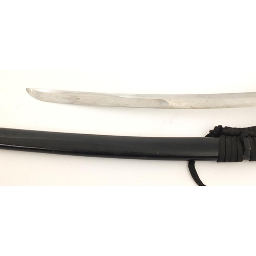 2729 - Japanese military interest Wakizashi with watered blade, lacquered scabbard and silvered Tsuba, 66cm... 