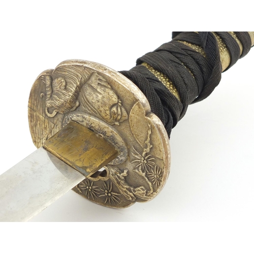 2729 - Japanese military interest Wakizashi with watered blade, lacquered scabbard and silvered Tsuba, 66cm... 