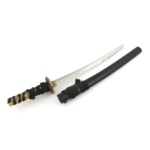 2729 - Japanese military interest Wakizashi with watered blade, lacquered scabbard and silvered Tsuba, 66cm... 