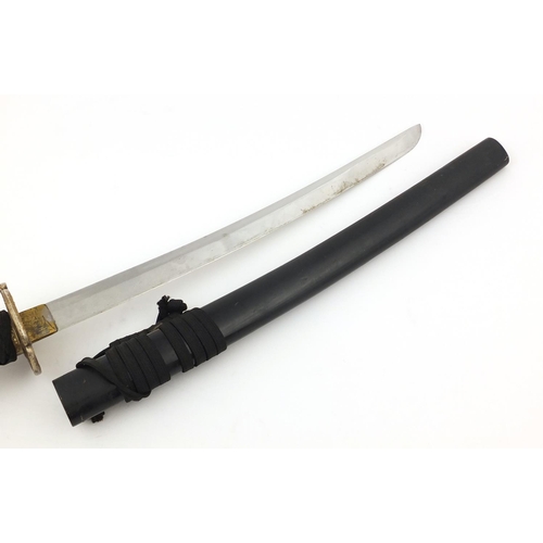 2729 - Japanese military interest Wakizashi with watered blade, lacquered scabbard and silvered Tsuba, 66cm... 