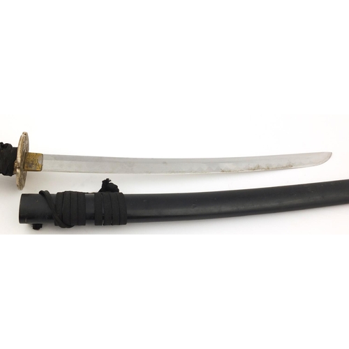 2729 - Japanese military interest Wakizashi with watered blade, lacquered scabbard and silvered Tsuba, 66cm... 