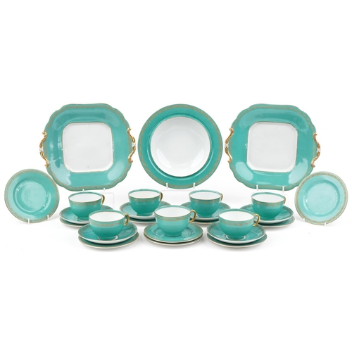 552 - Dresden, 19th century German turquoise ground teaware with gilt floral bands, comprising six cups wi... 