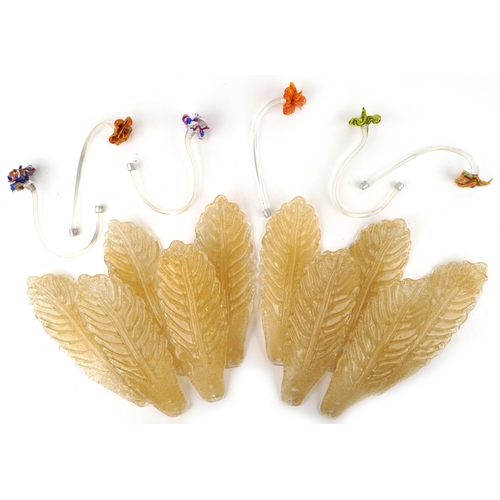 1438 - Twenty 1960s Venetian Murano gold flecked glass light fitting leaves and thirteen colourful flowers,... 