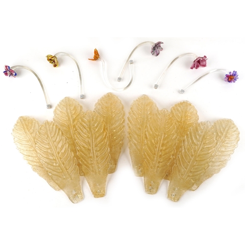 1433 - Twenty 1960s Venetian Murano gold flecked glass light fitting leaves and thirteen colourful flowers,... 