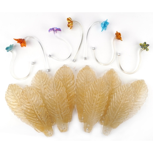 1431 - Twenty 1960s Venetian Murano gold flecked glass light fitting leaves and thirteen colourful flowers,... 