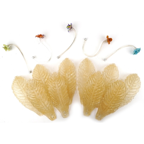 1436 - Twenty 1960s Venetian Murano gold flecked glass light fitting leaves and ten colourful flowers, the ... 