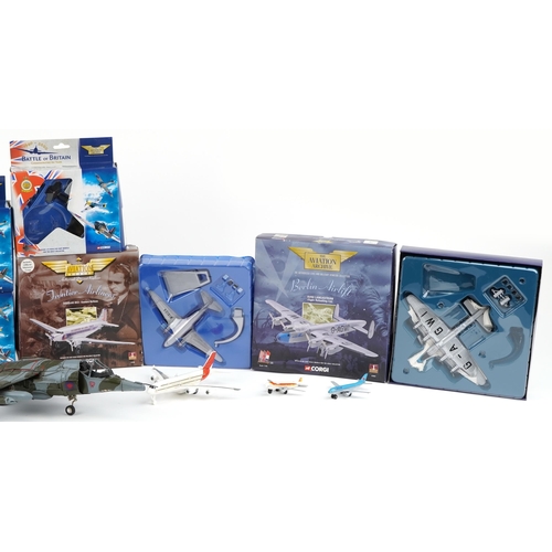 2016 - Model aeroplane kits, some with boxes, including Corgi Frontier Airlines, Douglas DC3 and Battle of ... 