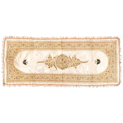 209 - Late 20th century Indian silk embroidered panel with gilt thread, 104cm x 42cm