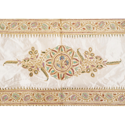 209 - Late 20th century Indian silk embroidered panel with gilt thread, 104cm x 42cm