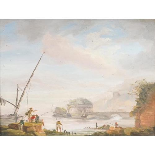 3585 - Figures by a river mouth, French school 19th century oil on board, baring label verso, framed, 19cm ... 