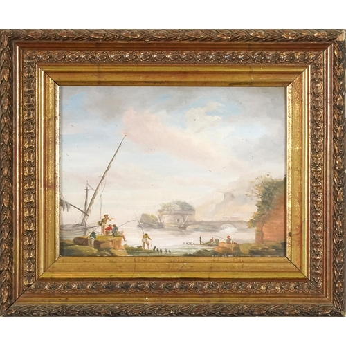 3585 - Figures by a river mouth, French school 19th century oil on board, baring label verso, framed, 19cm ... 