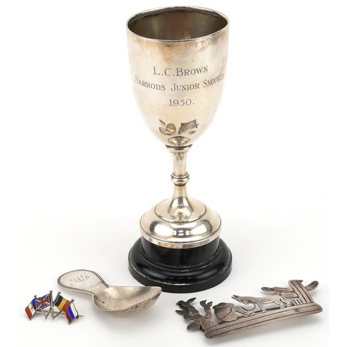 463 - Georgian and later silver comprising caddy spoon, Mexican brooch, snooker trophy and silver and enam... 