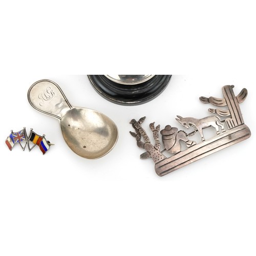 463 - Georgian and later silver comprising caddy spoon, Mexican brooch, snooker trophy and silver and enam... 