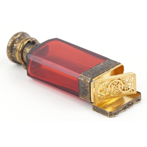  S Mordan & Co, Victorian ruby glass scent bottle vinaigrette with silver gilt mounts, London 1863, 9... 