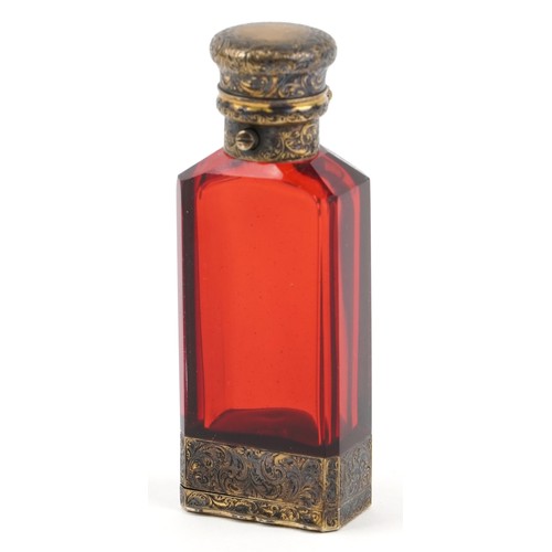 2 - S Mordan & Co, Victorian ruby glass scent bottle vinaigrette with silver gilt mounts, London 1863, 9... 