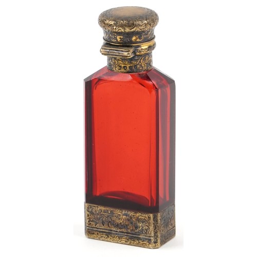 2 - S Mordan & Co, Victorian ruby glass scent bottle vinaigrette with silver gilt mounts, London 1863, 9... 