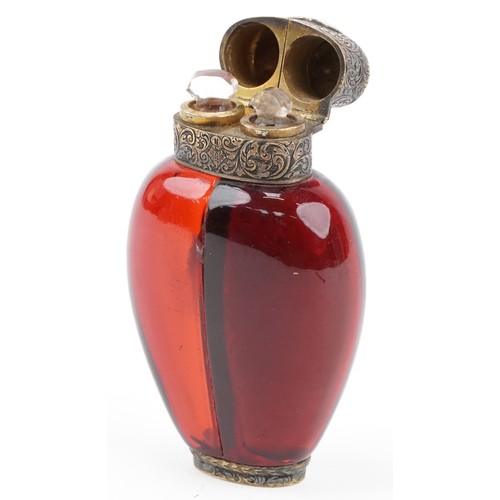  S Mordan & Co, Victorian ruby glass double scent bottle with gilt metal mounts, 8.7cm high