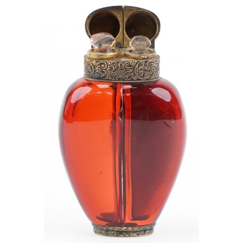 3 - S Mordan & Co, Victorian ruby glass double scent bottle with gilt metal mounts, 8.7cm high