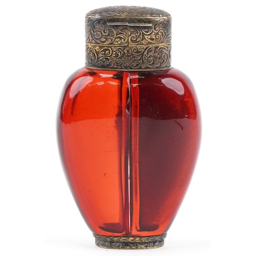 3 - S Mordan & Co, Victorian ruby glass double scent bottle with gilt metal mounts, 8.7cm high