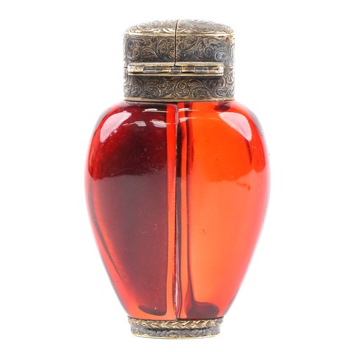  S Mordan & Co, Victorian ruby glass double scent bottle with gilt metal mounts, 8.7cm high