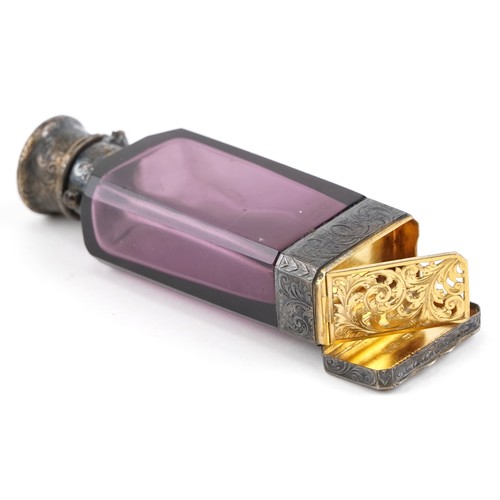  S Mordan & Co, Victorian purple glass scent bottle vinaigrette with silver gilt mounts, London 1863,... 