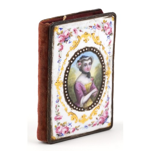 Continental enamelled porcelain aide memoire hand painted and gilded with a female in a bonnet and flowers, 10cm high