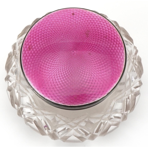 426 - Henry Matthews, George V cut glass powder jar with silver pink guilloche enamel lid, 12cm in diamete... 