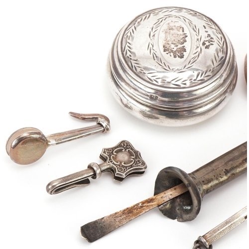 471 - Victorian and later silver objects including circular pill box, napkin clips and a cocktail stirrer,... 