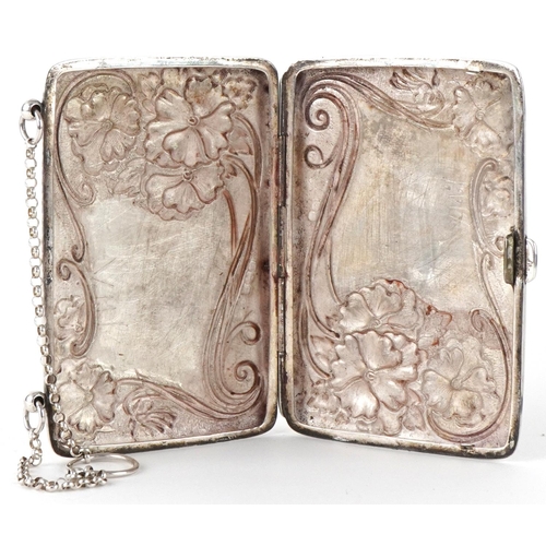 477 - Joseph Gloster Ltd, Art Nouveau silver chatelaine cigarette case embossed with stylized flowers, Bir... 