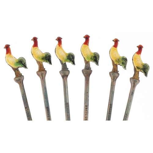 466 - Set of six sterling silver and enamel cocktail sticks with rooster terminals housed in a J Winter je... 