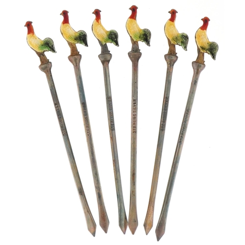 466 - Set of six sterling silver and enamel cocktail sticks with rooster terminals housed in a J Winter je... 