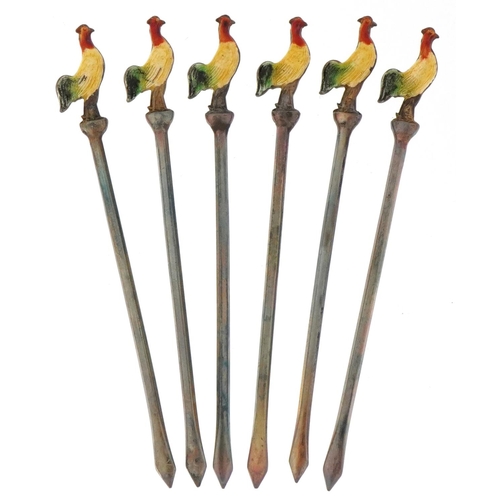 466 - Set of six sterling silver and enamel cocktail sticks with rooster terminals housed in a J Winter je... 