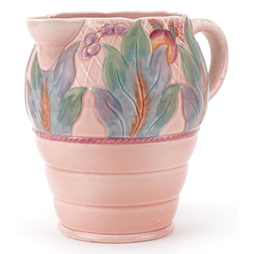 31 - Art Deco Clarice Cliff Newport Pottery Co. pink jug with floral decoration, 20cm high