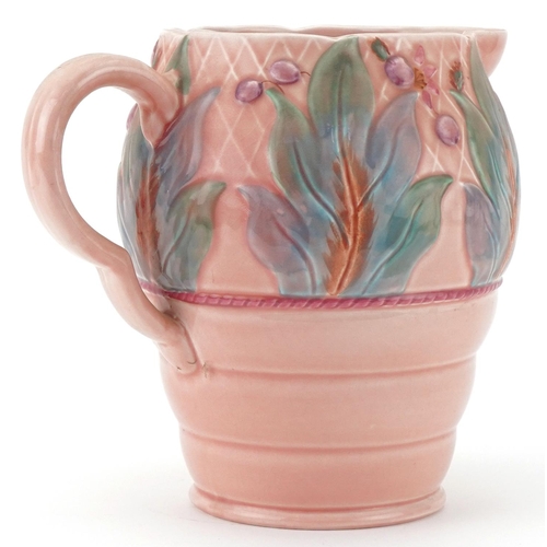 31 - Art Deco Clarice Cliff Newport Pottery Co. pink jug with floral decoration, 20cm high