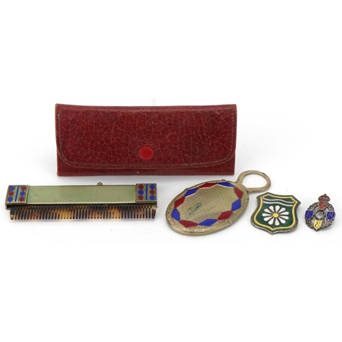 76 - 20th century German travelling vanity set including mirror and comb together with two enamelled cap ... 