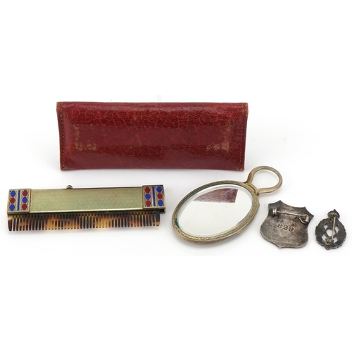 76 - 20th century German travelling vanity set including mirror and comb together with two enamelled cap ... 