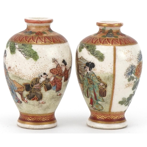 211 - Pair of miniature Japanese Satsuma vases, late 19th century, each decorated with figures within land... 