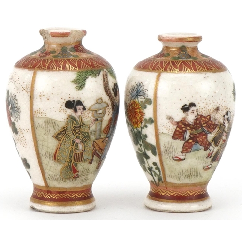 211 - Pair of miniature Japanese Satsuma vases, late 19th century, each decorated with figures within land... 