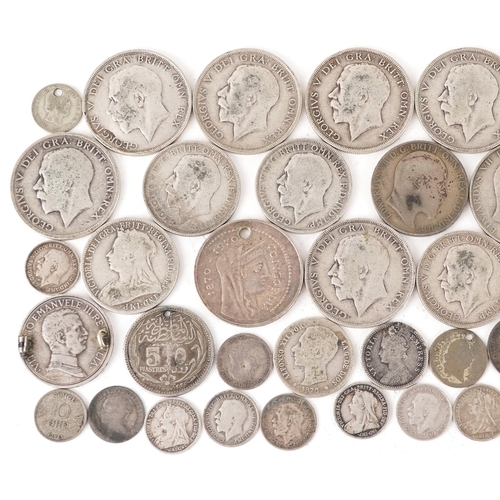 2086 - Three 1920 silver coins including half crowns, sovereigns, silver threepence pieces and some contine... 